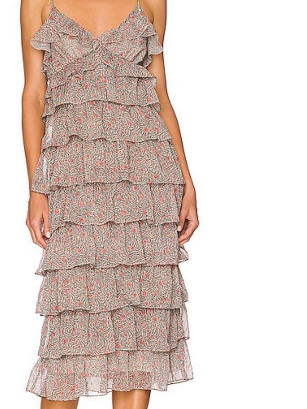 Tularosa Coral and Cream Paisley Tiered Ruffle Midi Dress